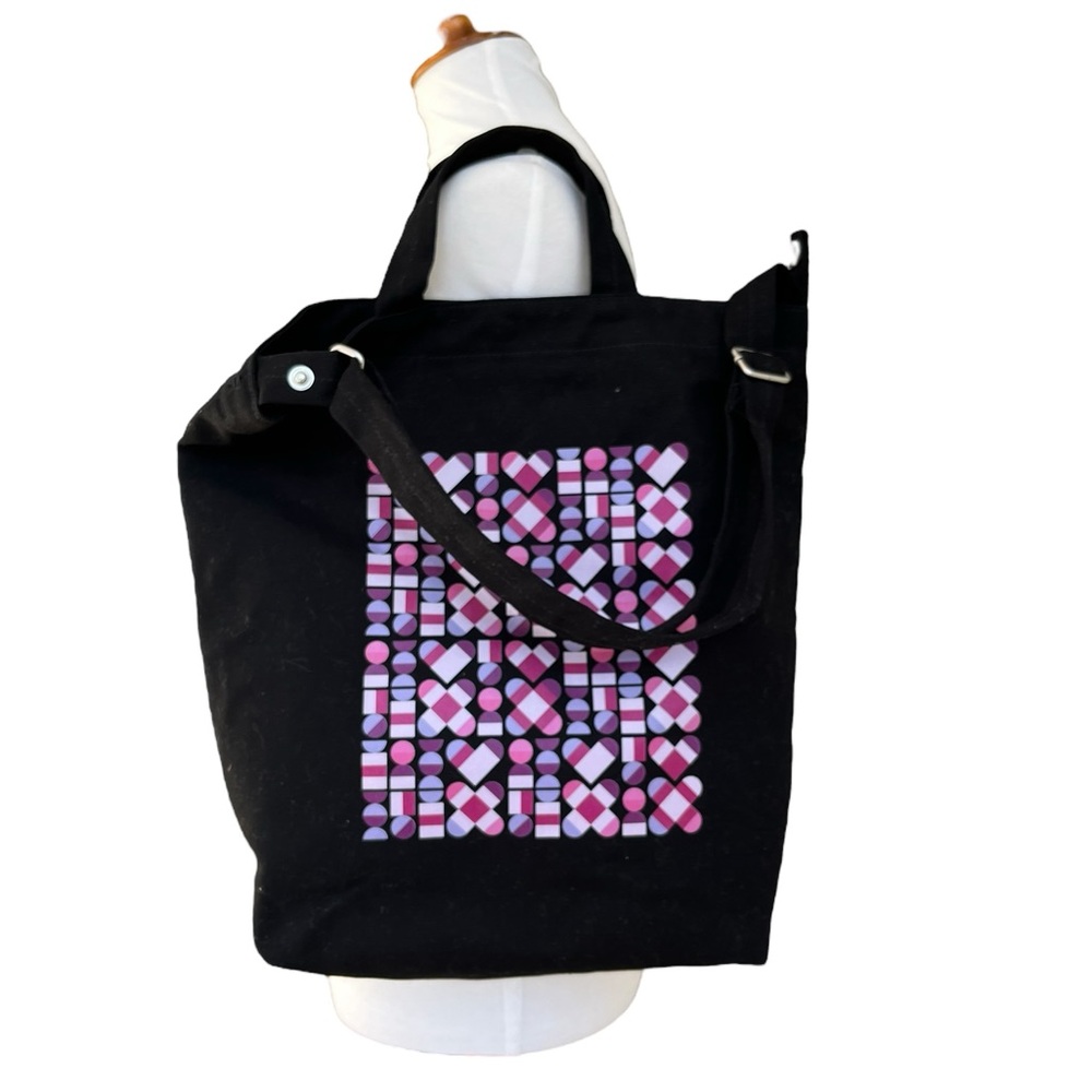 Baggu Heart Love Pink Design Black Recycled Cotton Shoulder Bag Shopper Tote EUC